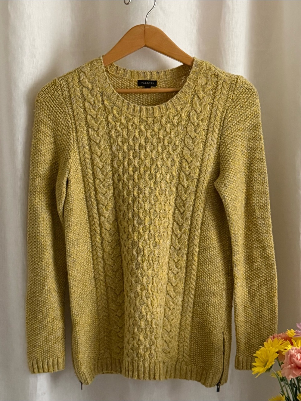 Talbots Chartreuse & Gray Heather Merino Wool Cable Knit Side Zip Sweater Small